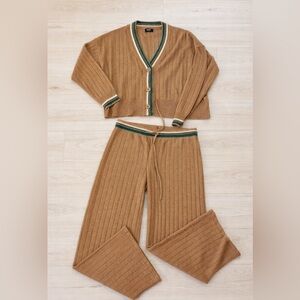 Monrow Brown Cashmere Blend Contrast Trim Cardigan Pants Set XL NWOT